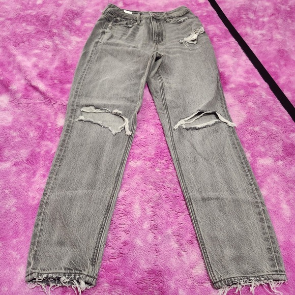 American Eagle Jeans Women's Size 2 High Rise Mom Jean Gray Distressed Raw Hem - Picture 2 of 13